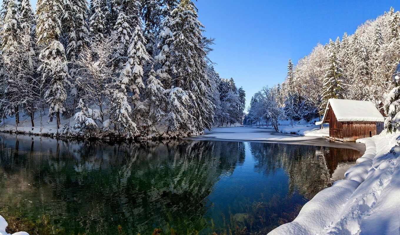 nature, snow, winter, forest, lodge, river