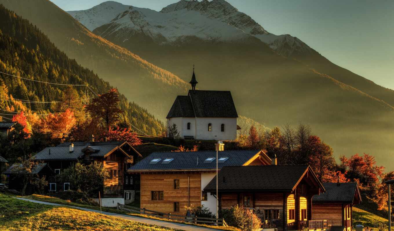 house, station, mountain, square, autumn, hill, Switzerland, house, wall, steinhau, gom