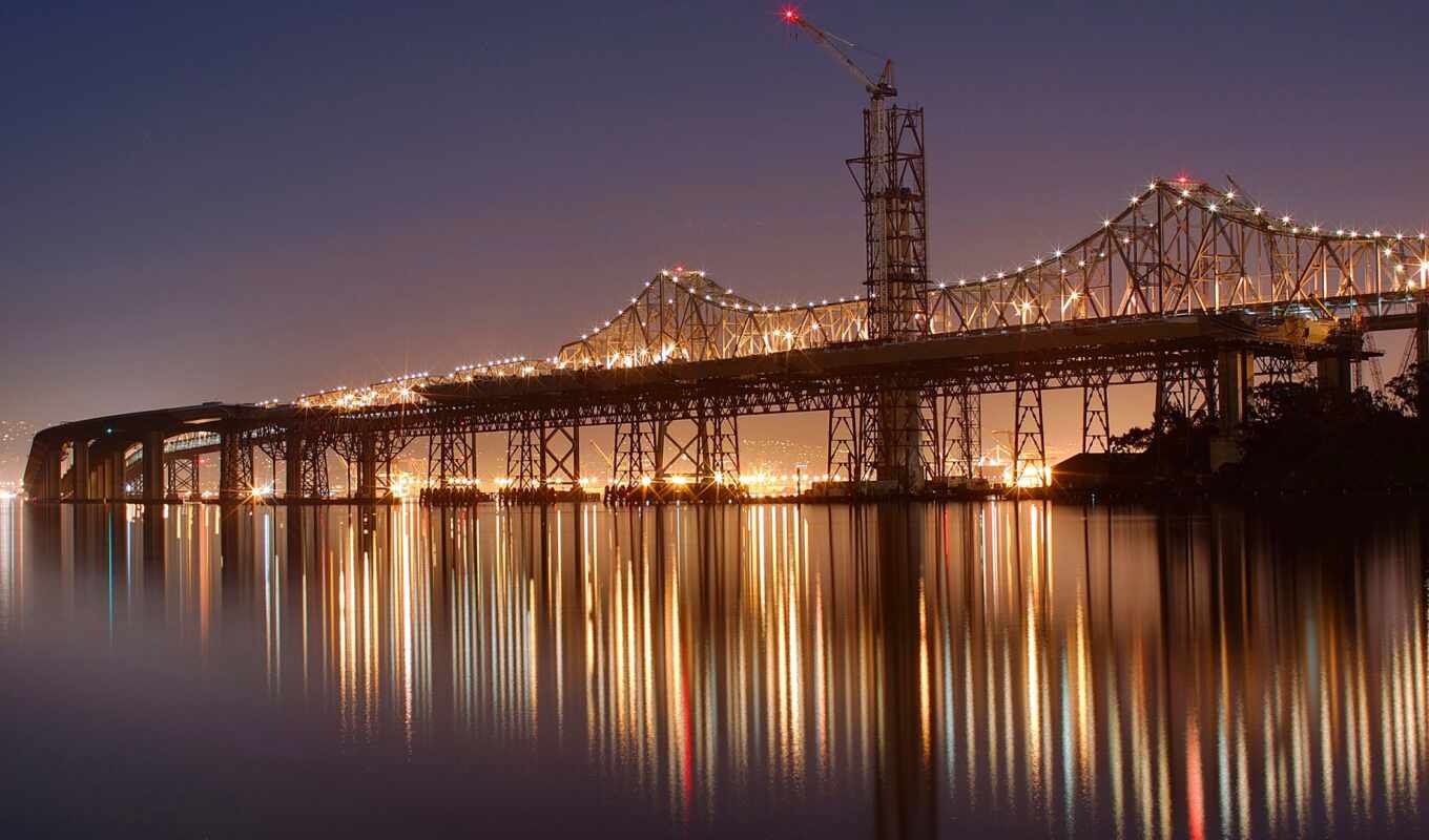 night, Bridge, San, francisco, bay, crane, construction, the fault, crown, oakland, spin
