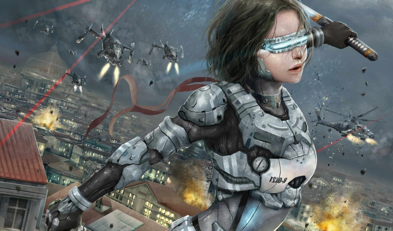 robots, girl, sword, fantasy, wars, katana, cyborg, technic, cars