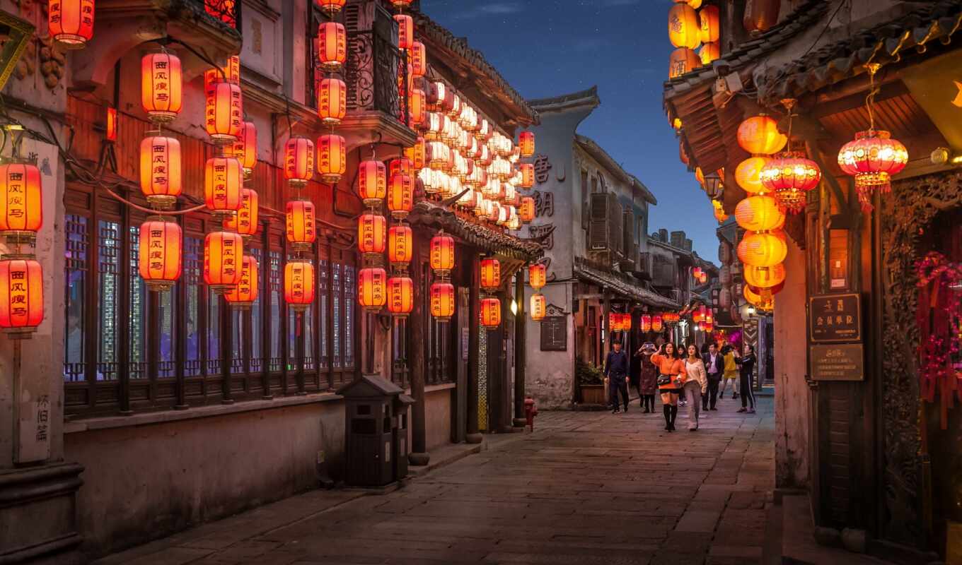 house, город, ночь, улица, вечер, human, china, lantern, китаянка