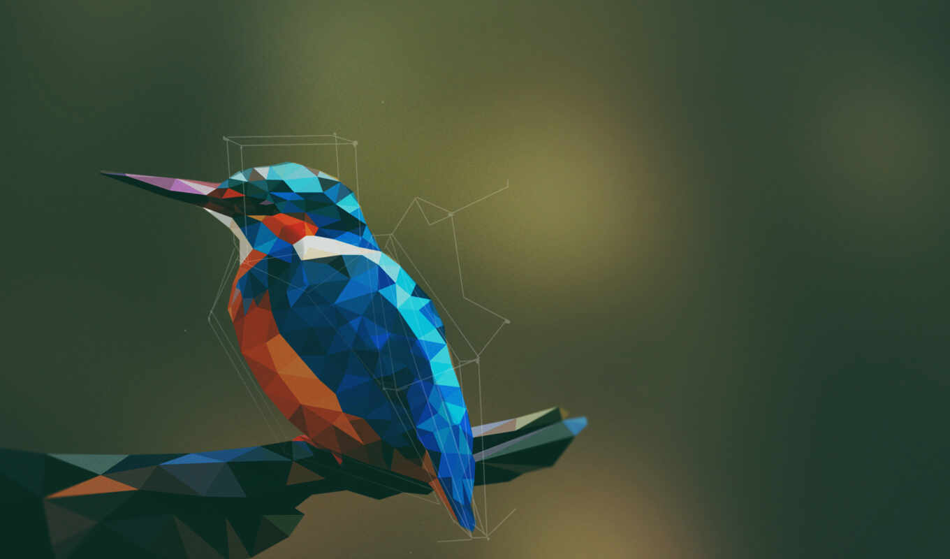 art, digital, abstract, птица, kingfisher, illustration, low, колибри, poly