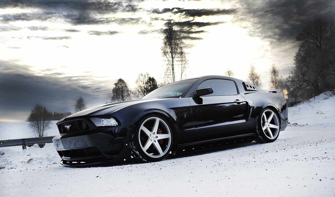 black, winter, вид, ford, mustang, wheels, snow, сбоку