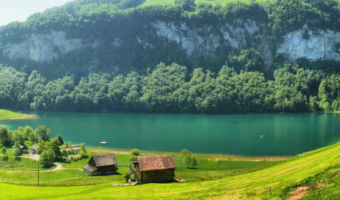 grass, swiss, river, lawn, Switzerland, houses, mountains