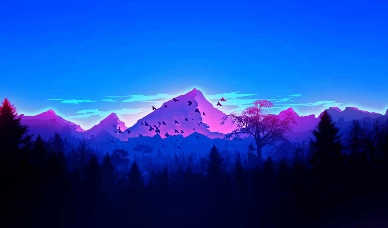 art, blue, sunset, forest, mountain, minimalism, minimalist, tone, composition, fore