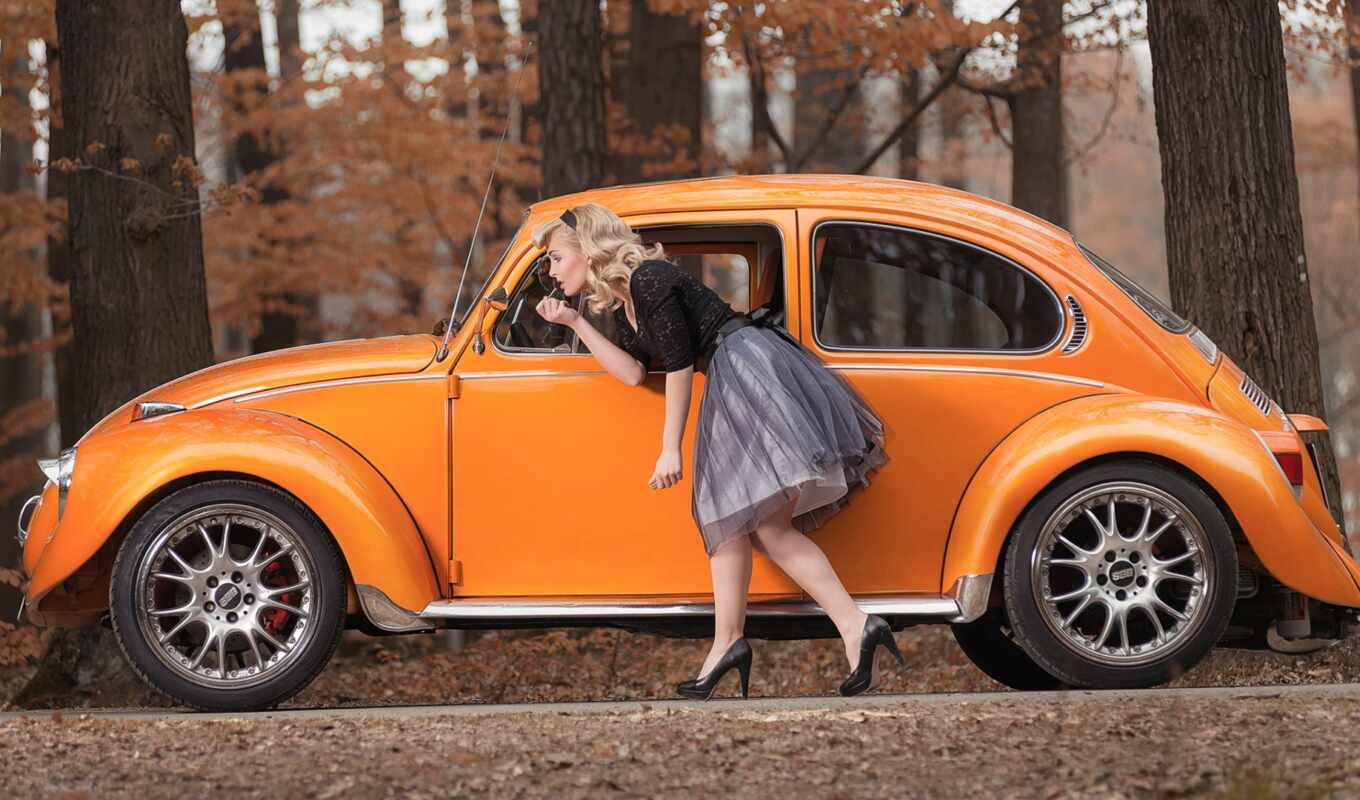 девушка, окно, blonde, car, volkswagen, оранжевый, land, vehicle