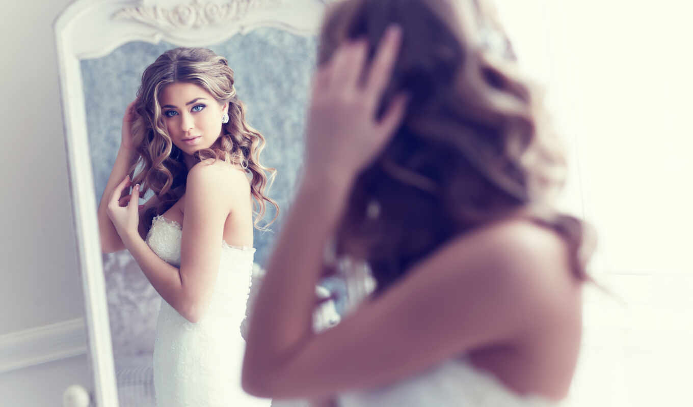 девушка, зеркало, платье, свадебный, невеста