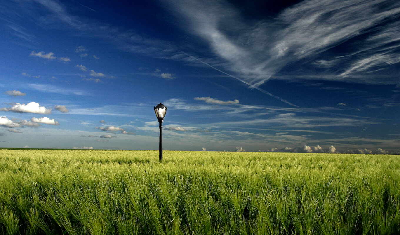 nature, sky, green, field, landscape, cloud, lamp