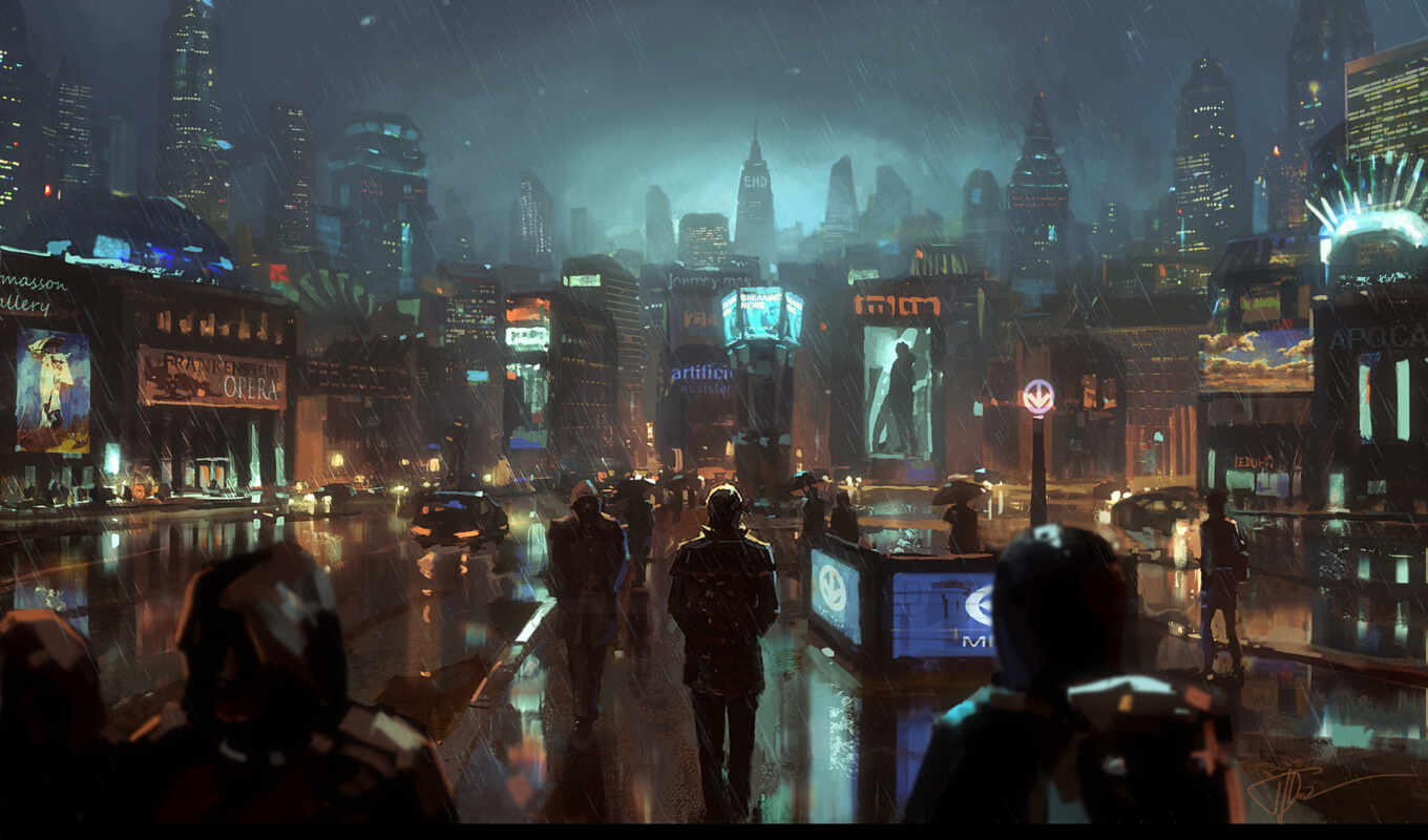 art, rain, Mosaic, city, comics, beautiful, cyberpunk, art