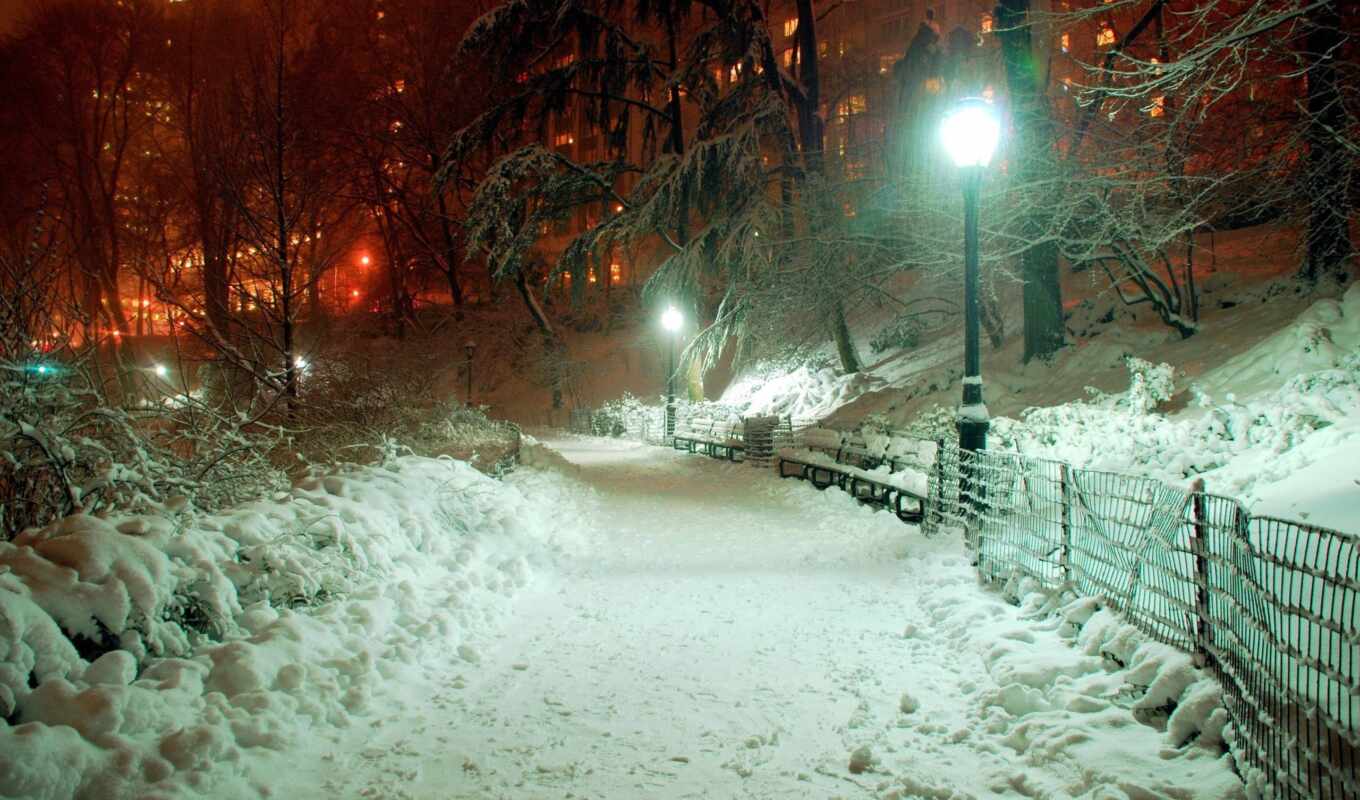 город, снег, winter, вечер, park, красиво, lantern, рисунки