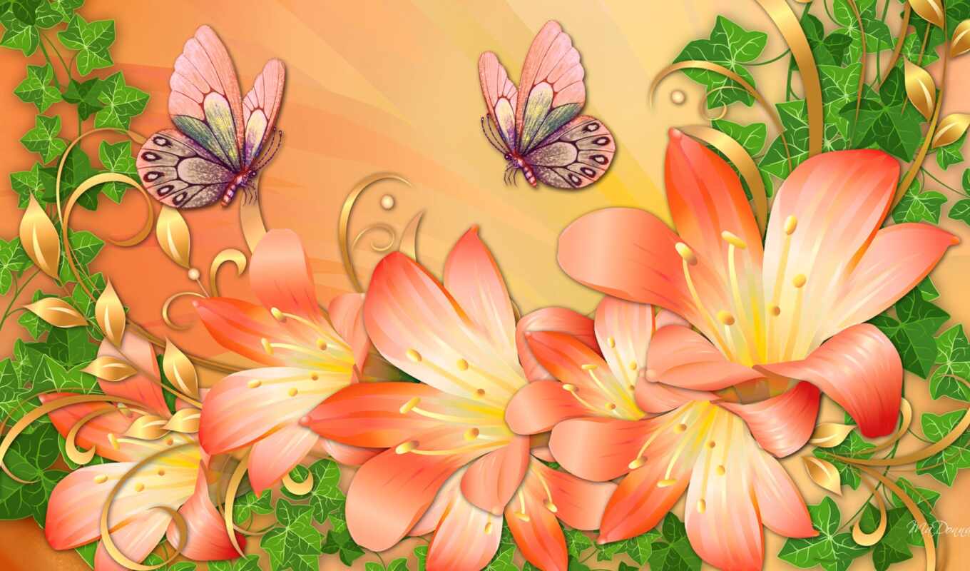 цветы, фон, бабочка