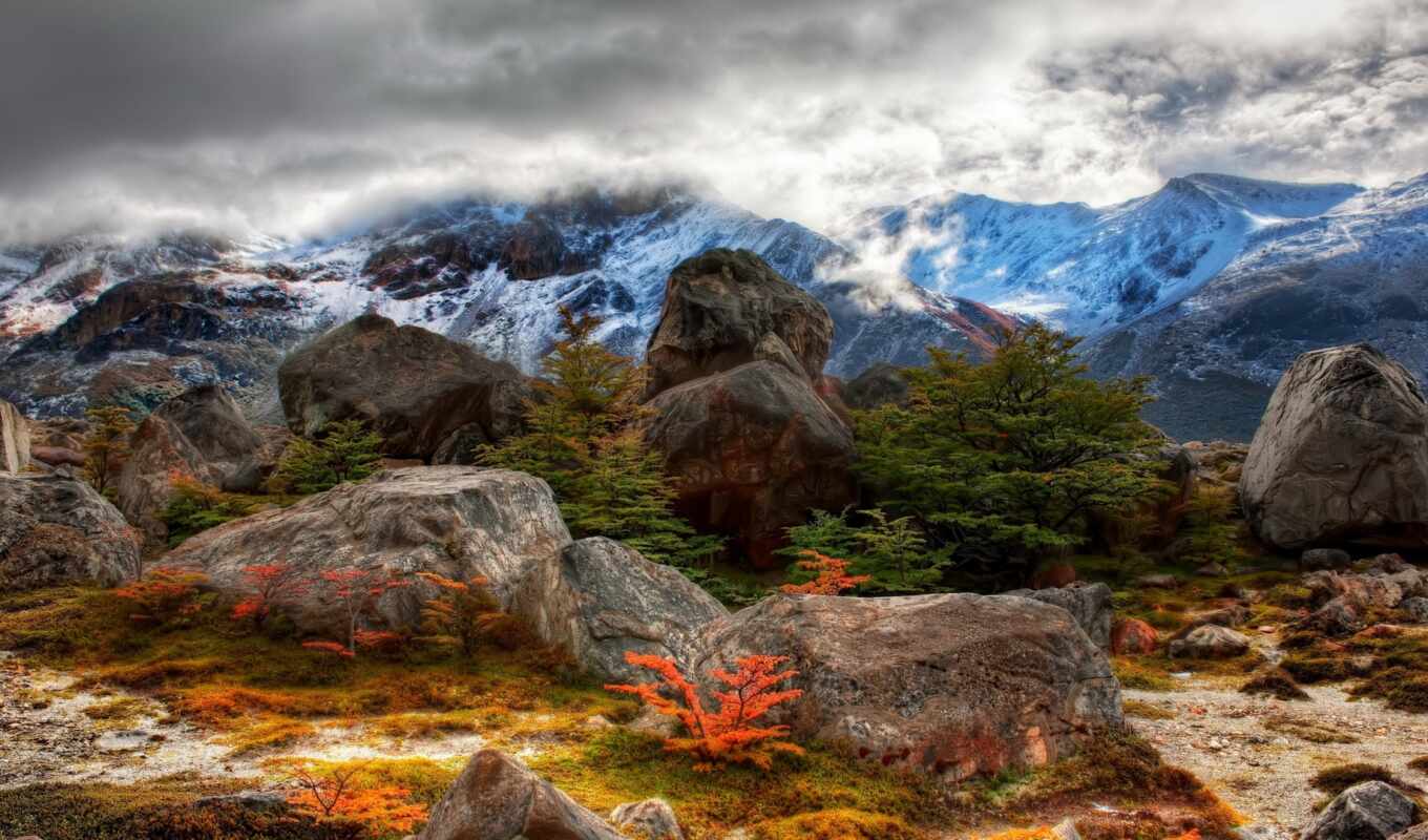 природа, water, снег, landscape, trees, склон, камни, горы, вершины, аргентина