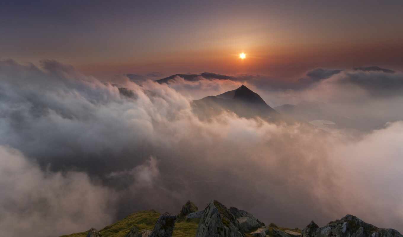 photo, sunset, mountain, show, cloud, sunrise, fog, turn on, caernarfon, current