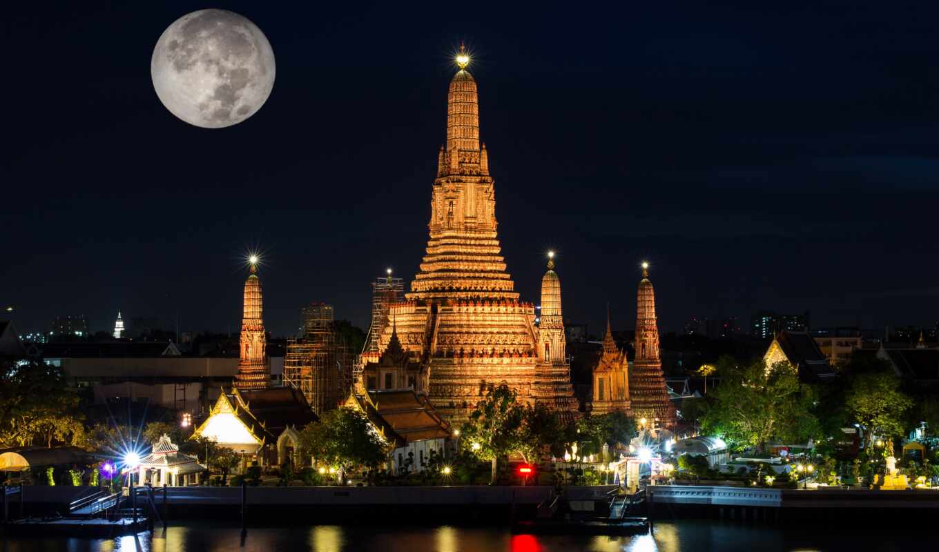 light, city, night, moon, bangkok, temple, what, thai, arun