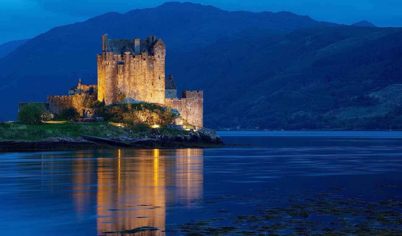 ночь, water, kingdom, united, castles, castle, mountains, шотландия, донан, eilean, dornie