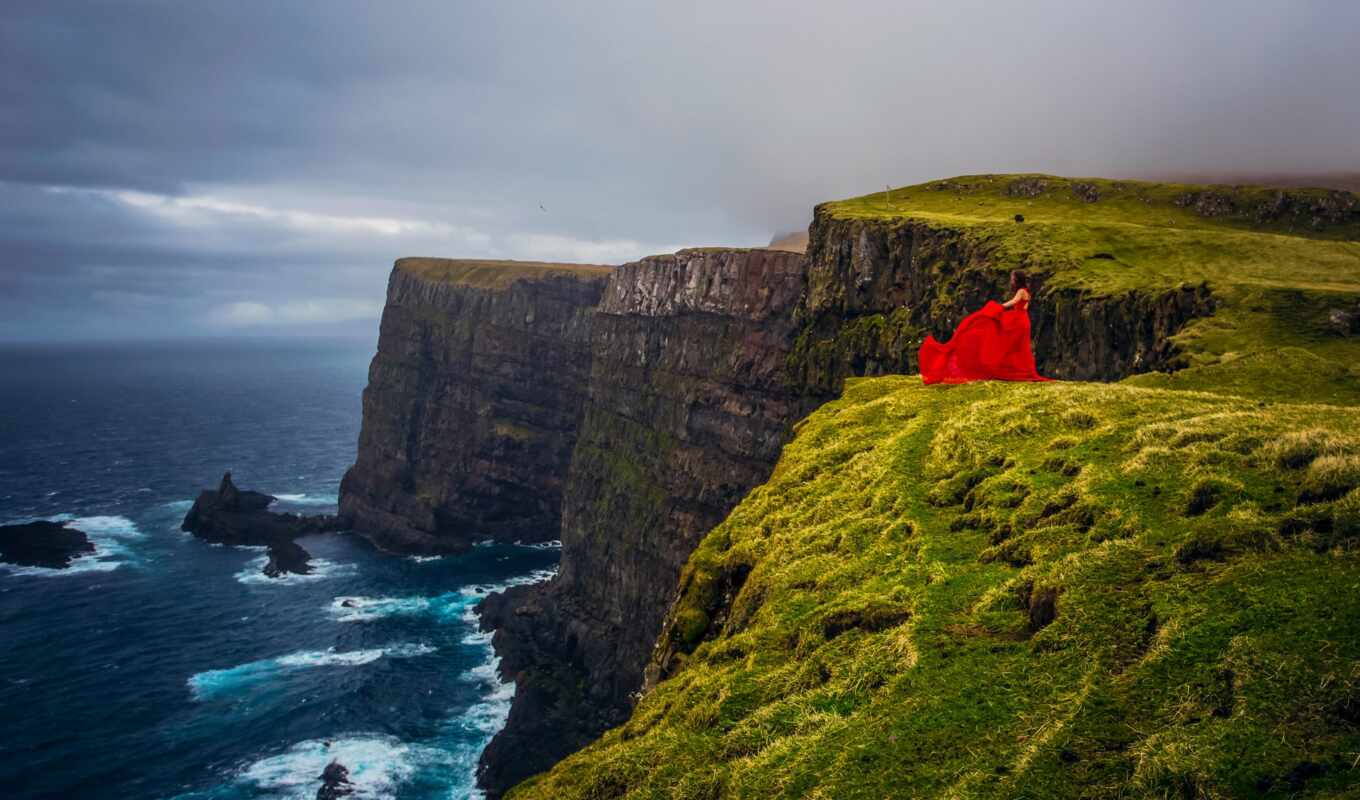 red, denmark, sea, dress, island, ocean, atlantic, cliff