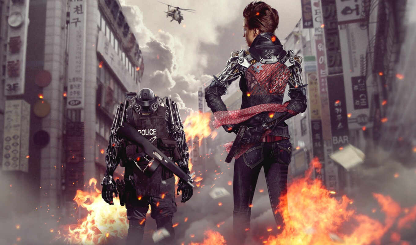 robot, девушка, город, оружие, пламя, police, вертолет, киборг, фотоманипуляция