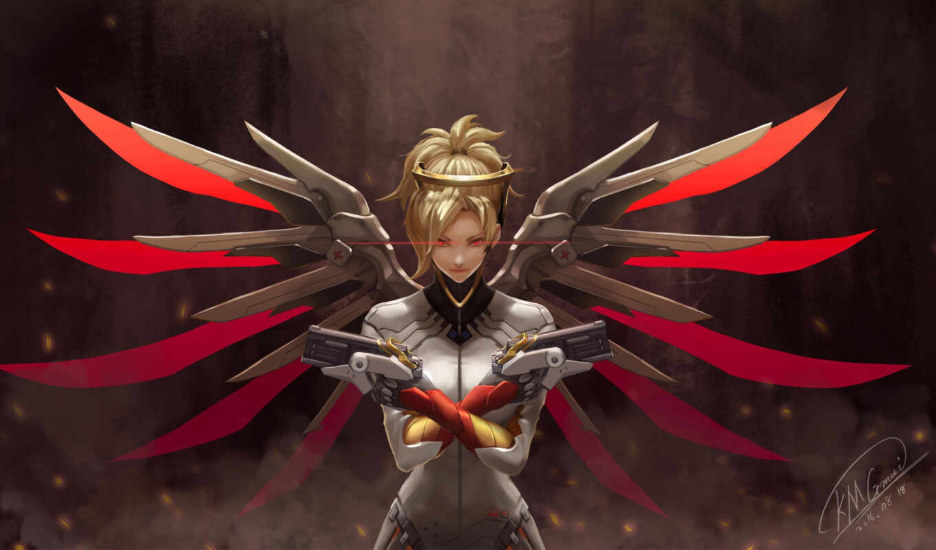 art, game, red, artwork, wings, blizzard, mercy, overwatch