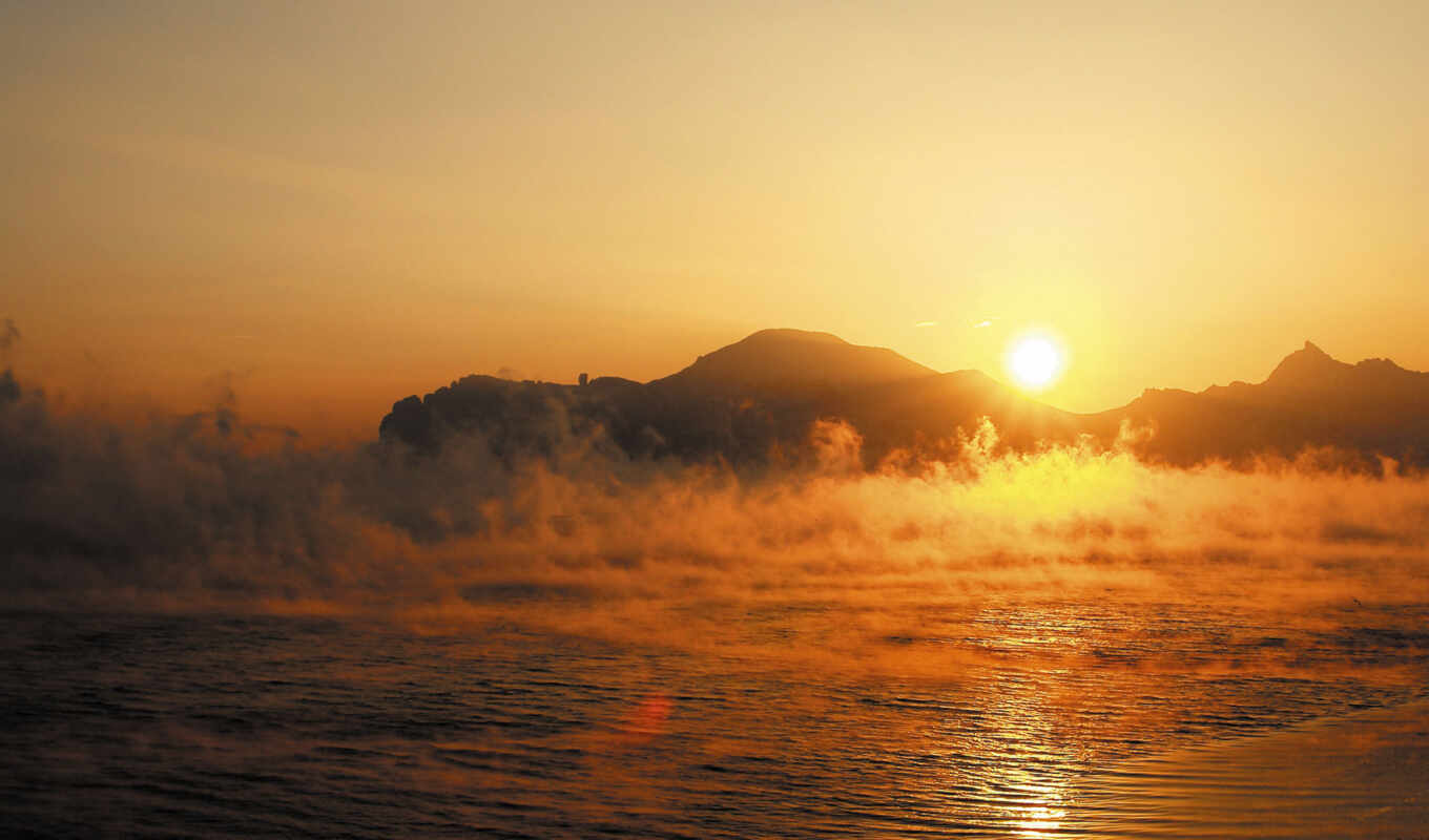 озеро, sun, water, гора, пара, море, осень, туман, pretty, rising, крымский