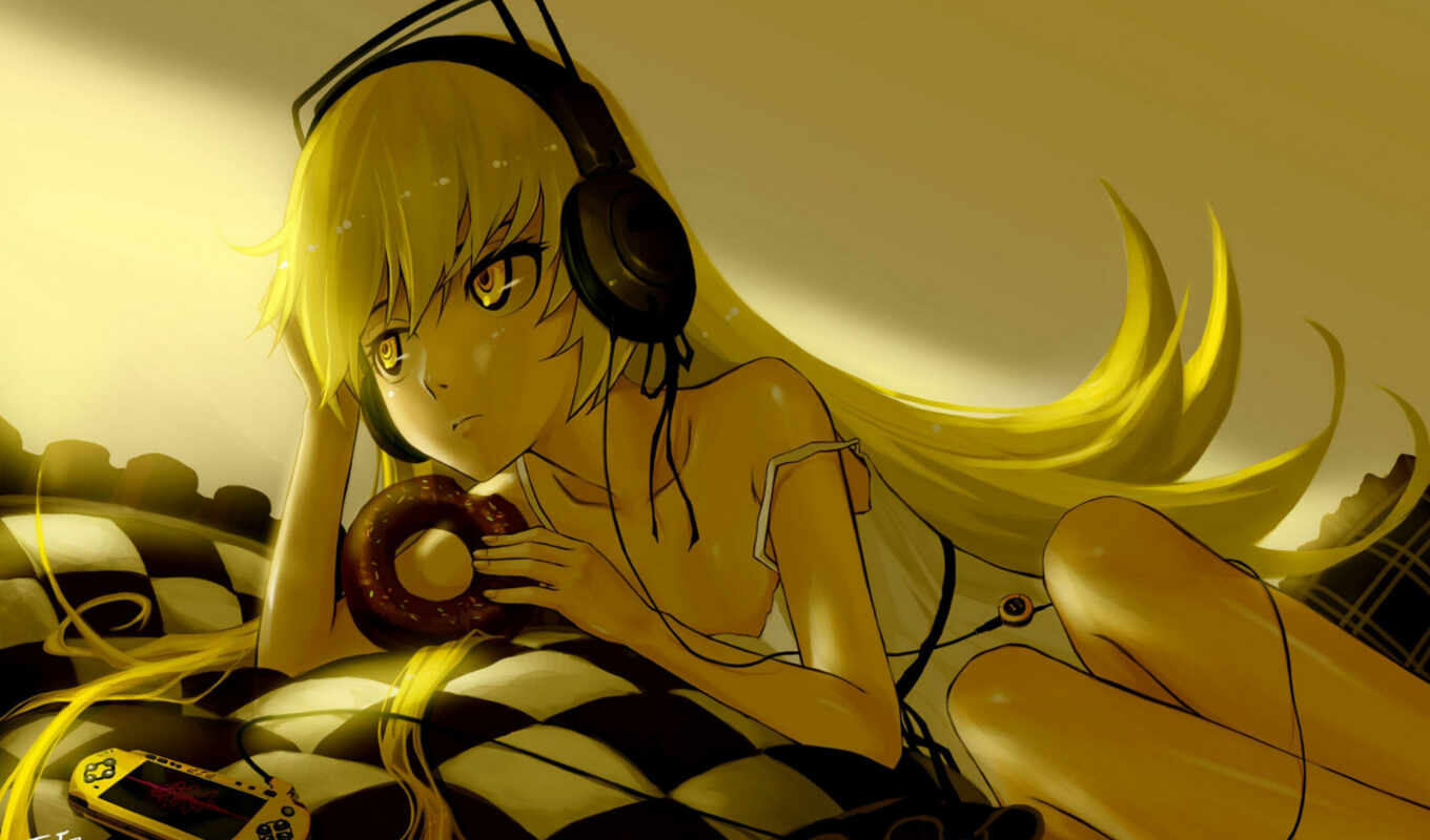 headphones, girl, anime, color, yellow, shinobu, oshino