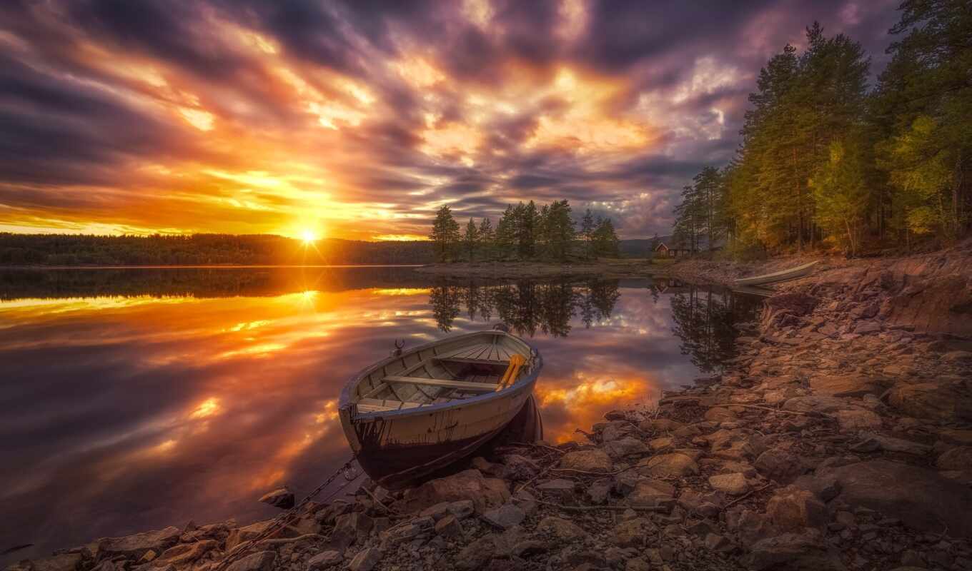 lake, photo, tree, sunset, a boat, Norway, norwegian, ring cycle, ringerik
