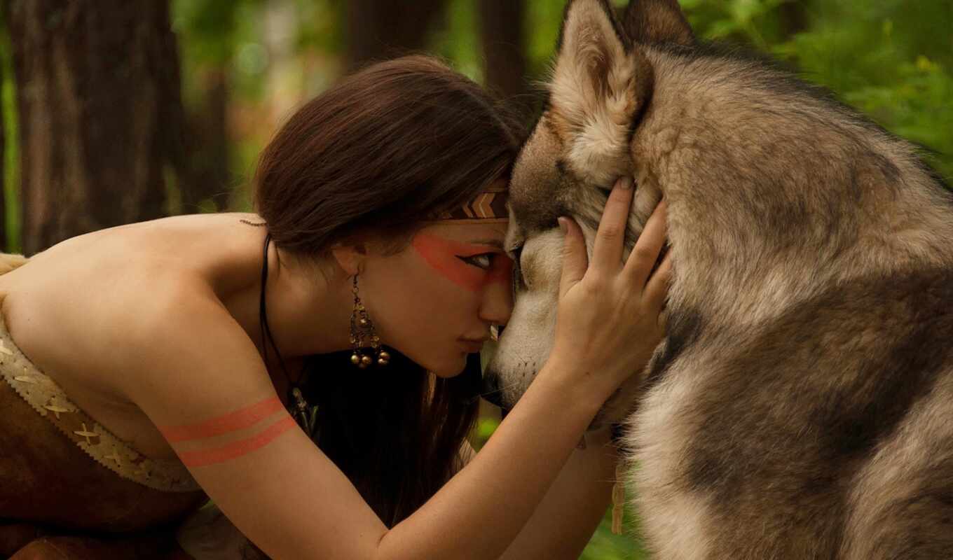 природа, взгляд, девушка, лес, волк