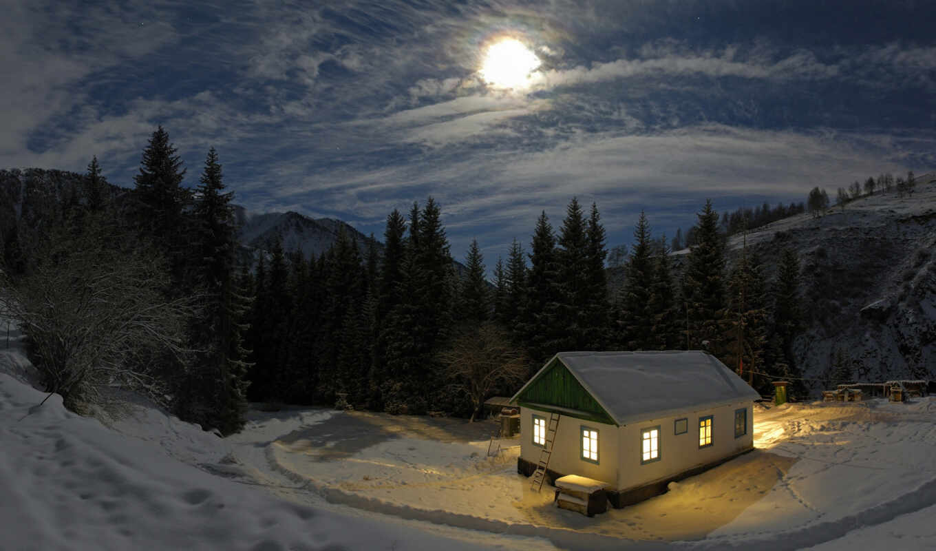 mountains, house, free, night, snow, nature, winter, moon, cold