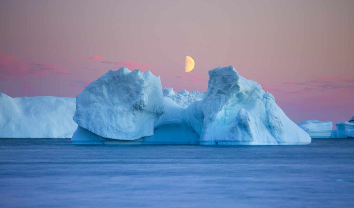 more, лед, луна, море, сумерки, айсберг, even, dusk, сумерки, большой, aisberg