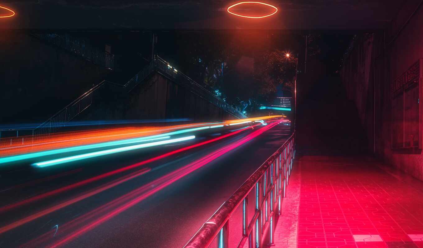 street, lights, long, neon, motion, exposure