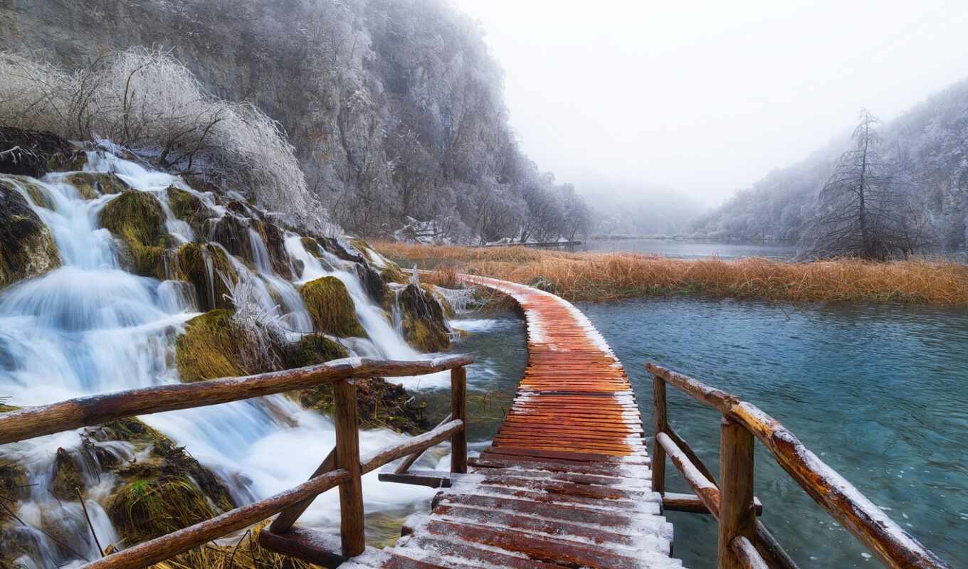 озеро, природа, water, winter, landscape, park, national, хорватия, plitvice