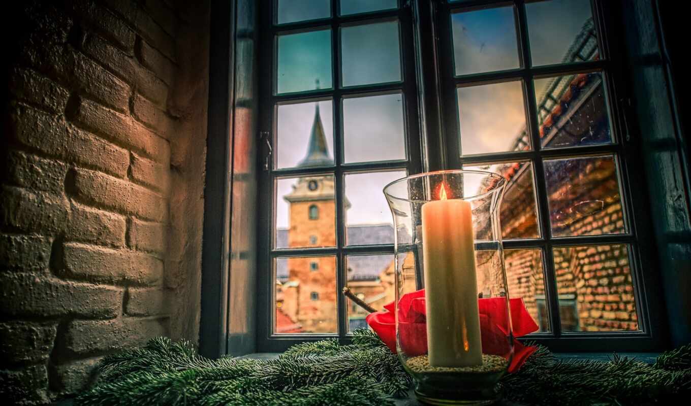 window, christmas, tower, Norway, candle