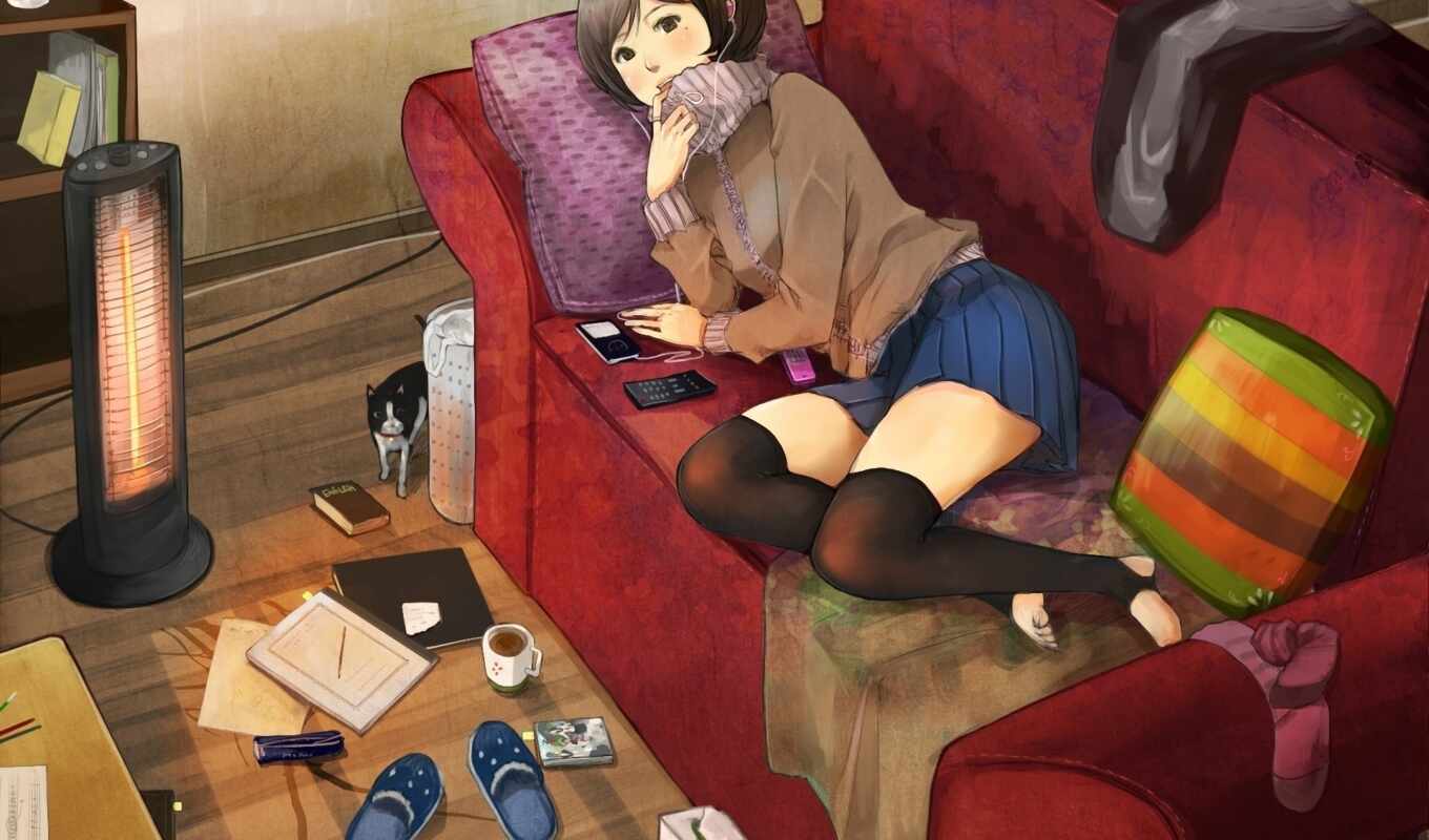 девушка, anime, волосы, кот, диван, anim, спать, short