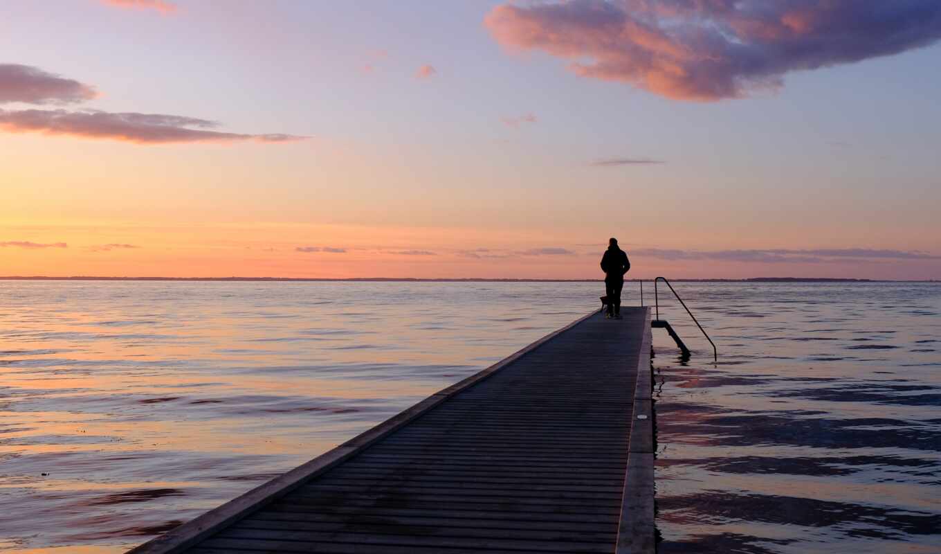 sunset, sea, pier, horizon, loneliness