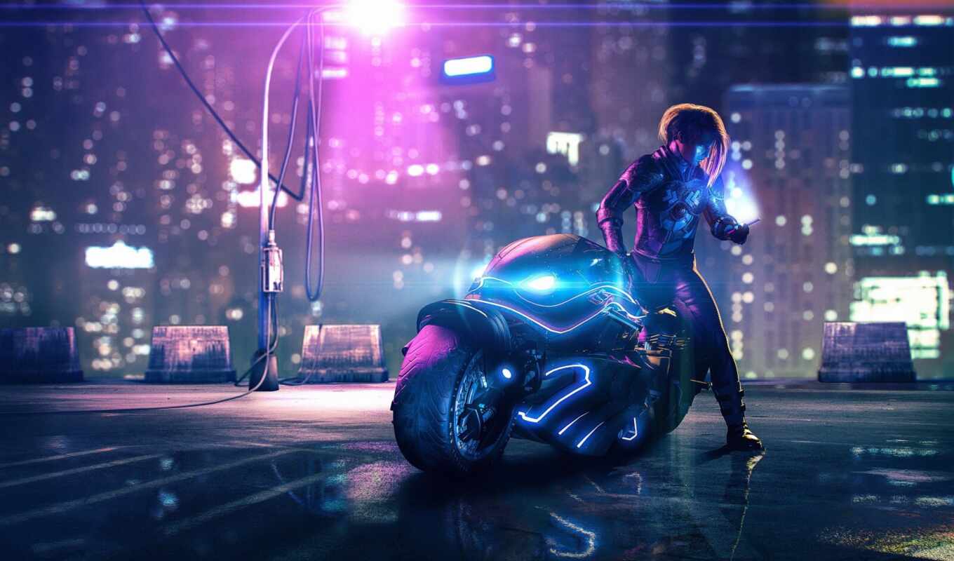 девушка, мотоцикл, улица, tokyo, neon, cyberpunk