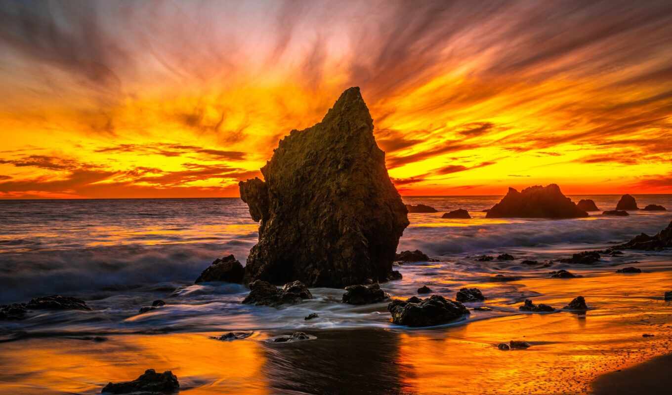 nature, sunset, beach, california, gallery, usa, ocean, horizon, rare, crag, matador