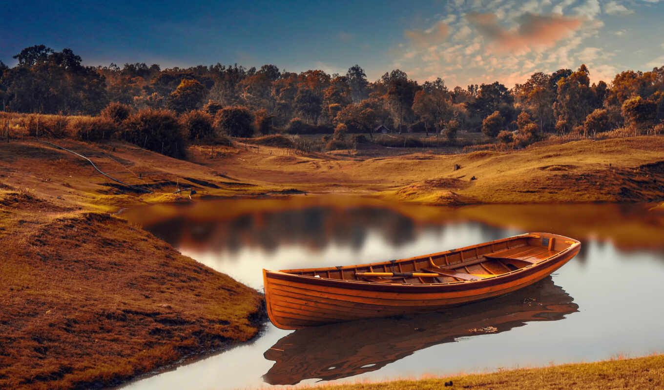 озеро, природа, осень, лодка, wooden