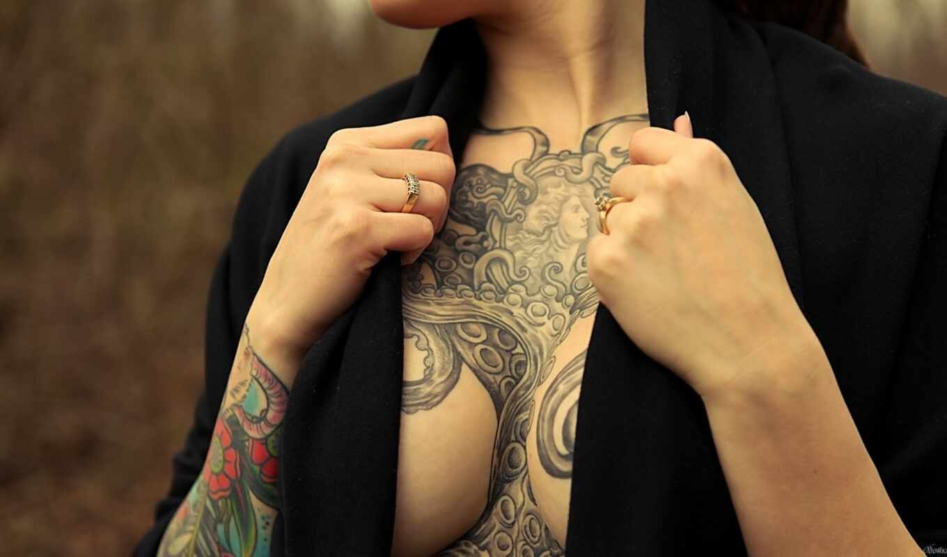 девушка, грудь, человек, осьминог, осторожно, татуировки