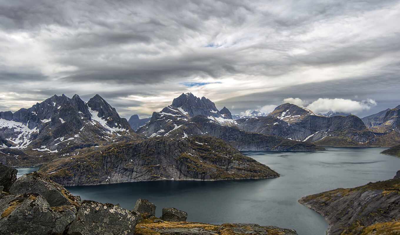 lake, view, million, island, Norway, Lofoten islands, alamy, norland, flakstad, narvtinden, tekoppstetete