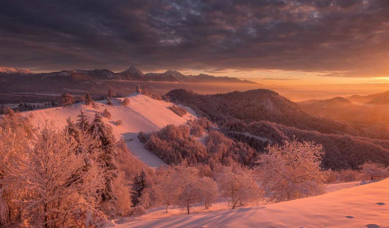 природа, дерево, закат, снег, рассвет, winter, лес, гора, hill, альпы, slovenia