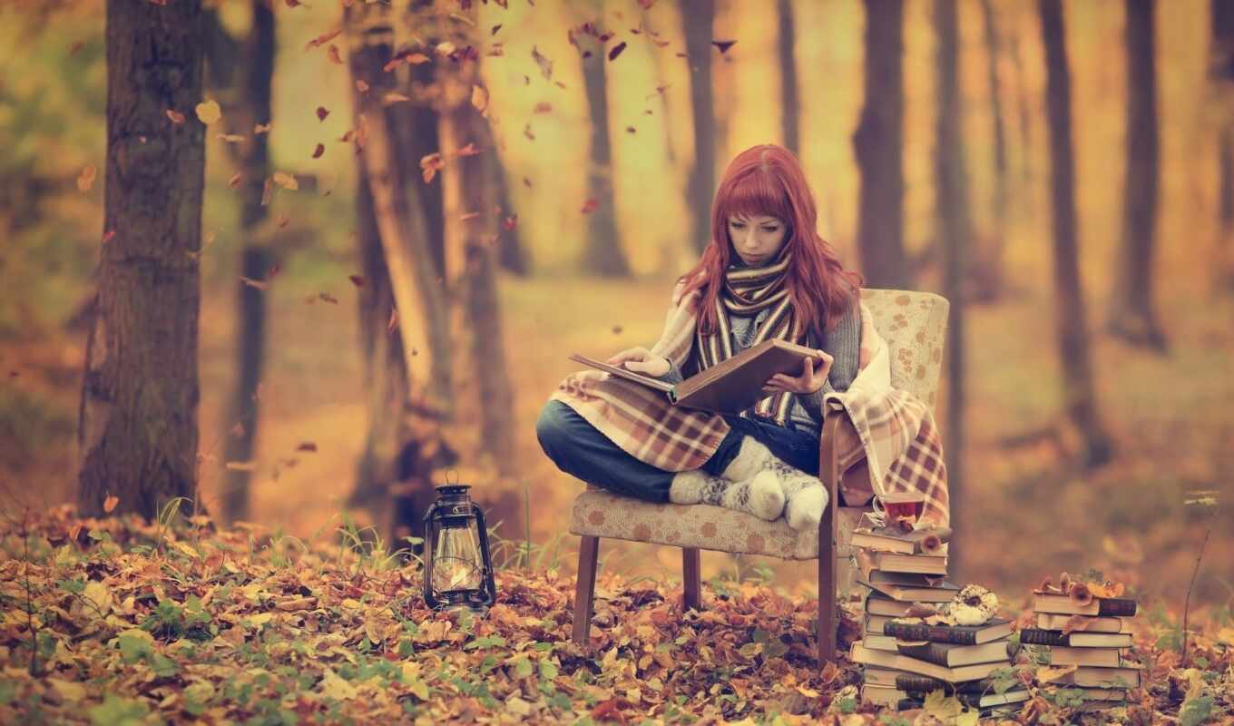 girl, book, forest, autumn, read