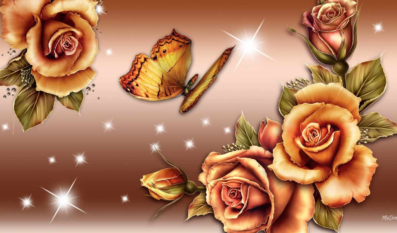 flowers, rose, butterfly, golden, takeoff