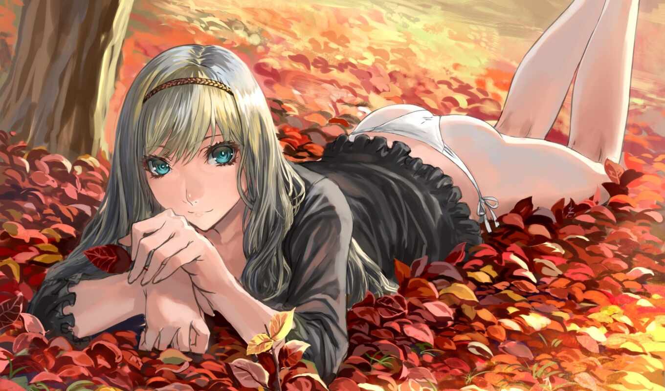 девушка, листья, аниме, лежит, осень