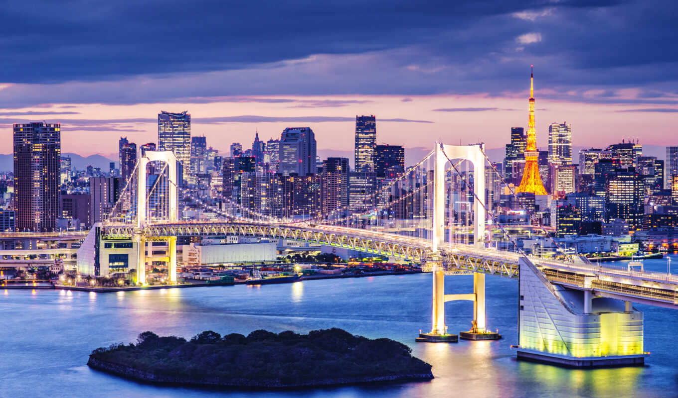 город, ночь, мост, cityscape, огни, tokyo, широкие, япония, фотошторы, tokio