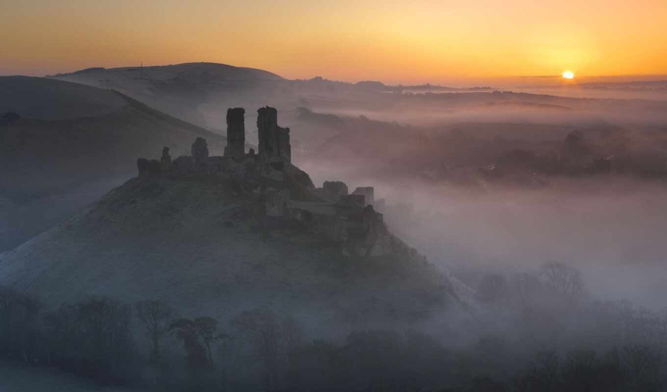 nevseoboi, ruins, castle, sunrise, mist, vintage, corfe, sunrose