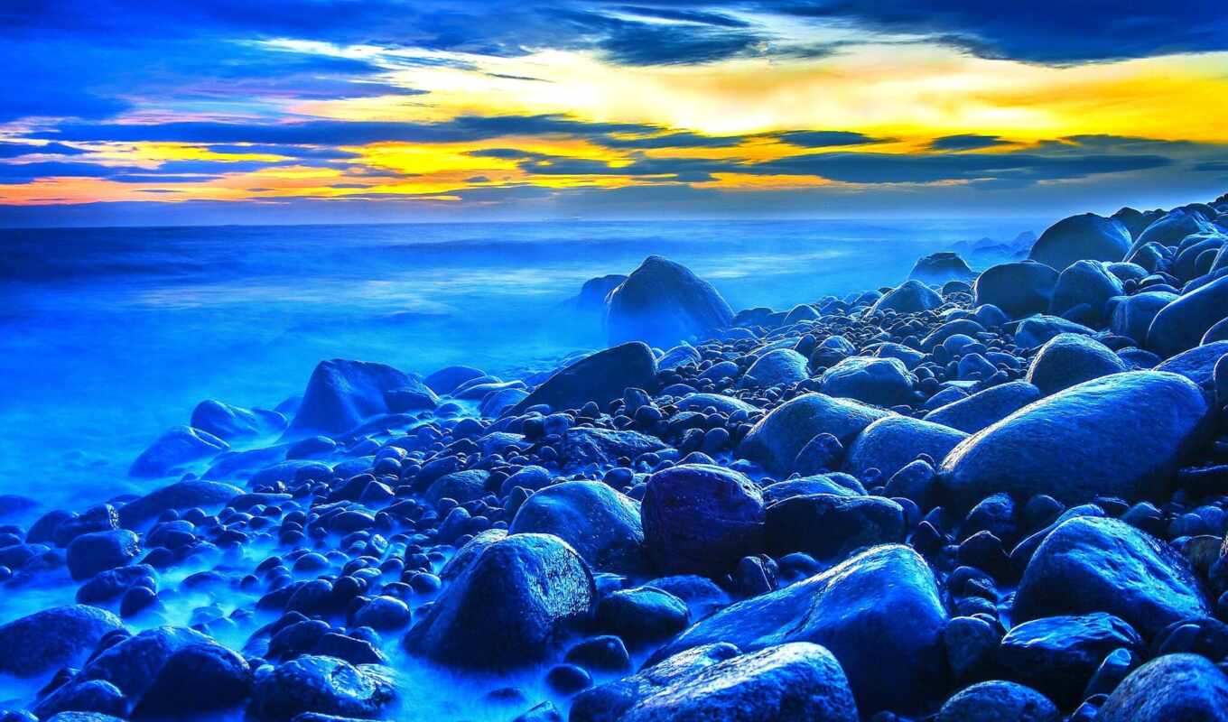 desktop, telephone, mobile, sunset, beach, rocks, sea