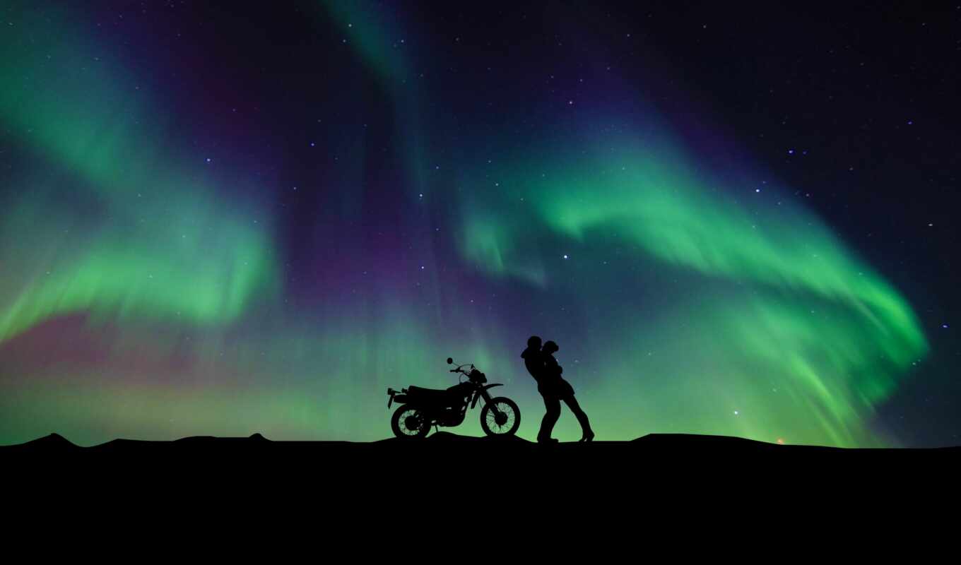 небо, девушка, мотоцикл, ночь, пара, огни, друг, силуэт, aurora, northern, borealis
