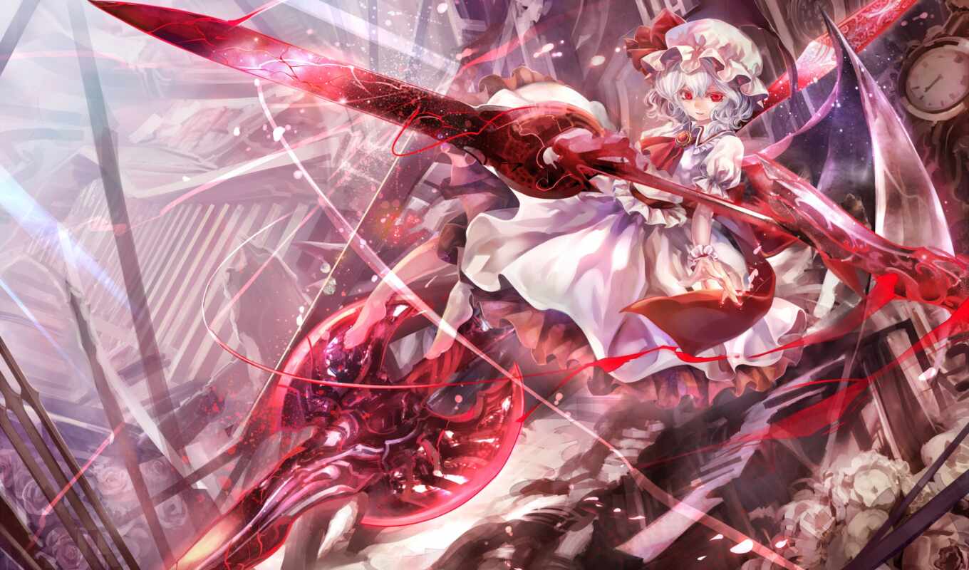 white, red, girl, touhou, hair, eyes, with, share, wings, weapons, remilia, scarlet, dress, hat, spear, short, barefoot, high, afraco, gungnir