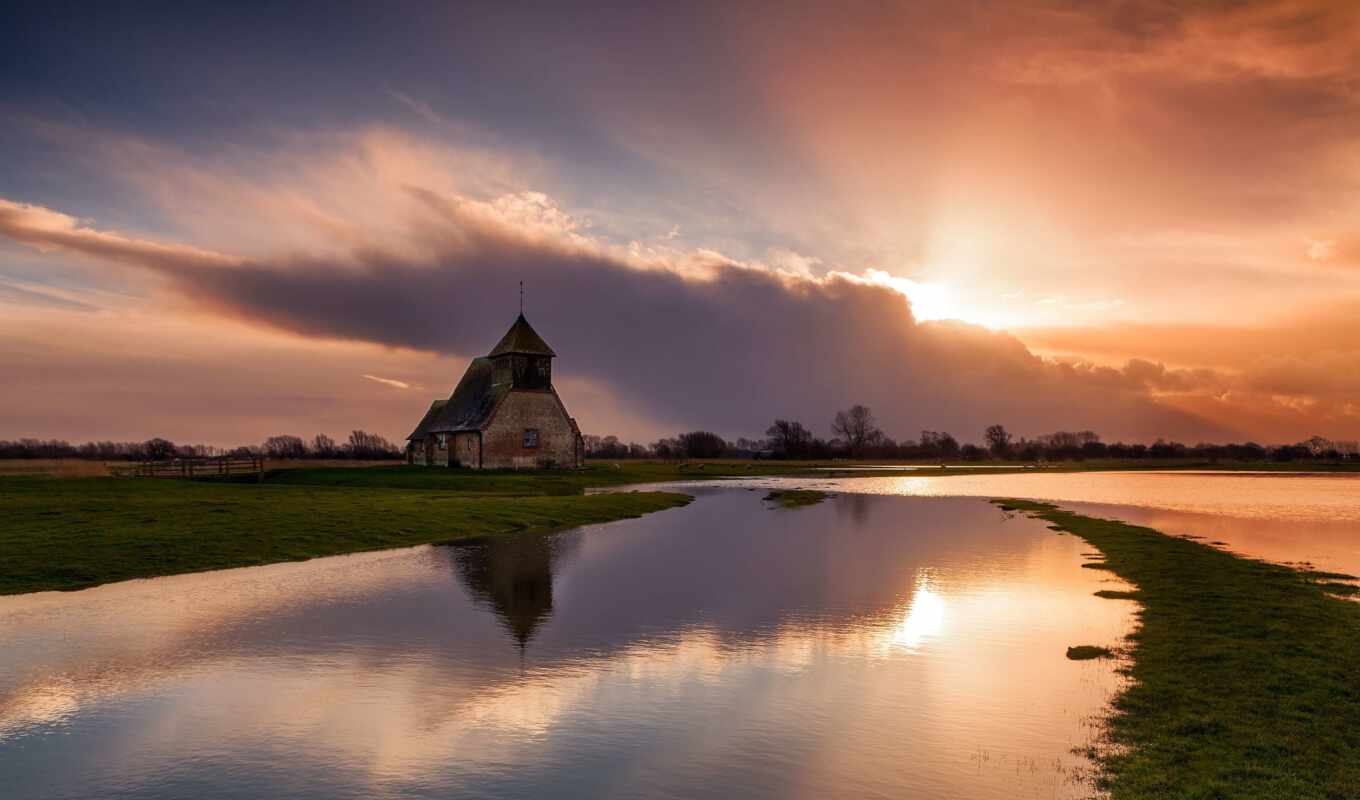 nature, picture, sunset, temple, England, river, sunrise, a boat, church, light