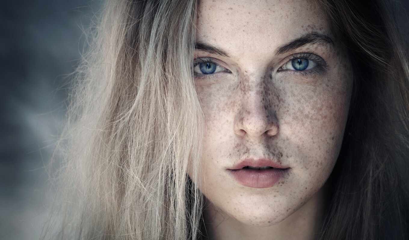 woman, blonde, hair, eyes, model, portrait, young, adult, freckle