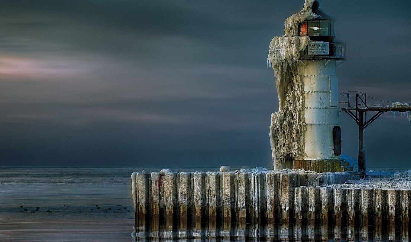 lake, ice, lighthouse, michigan